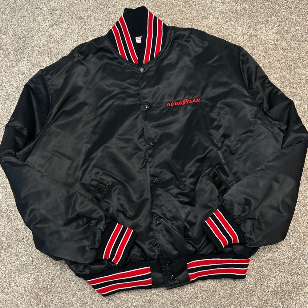 Vintage Birdie Goodyear Bomber Jacket Mens XL Black Satin Made USA Racing Logo
